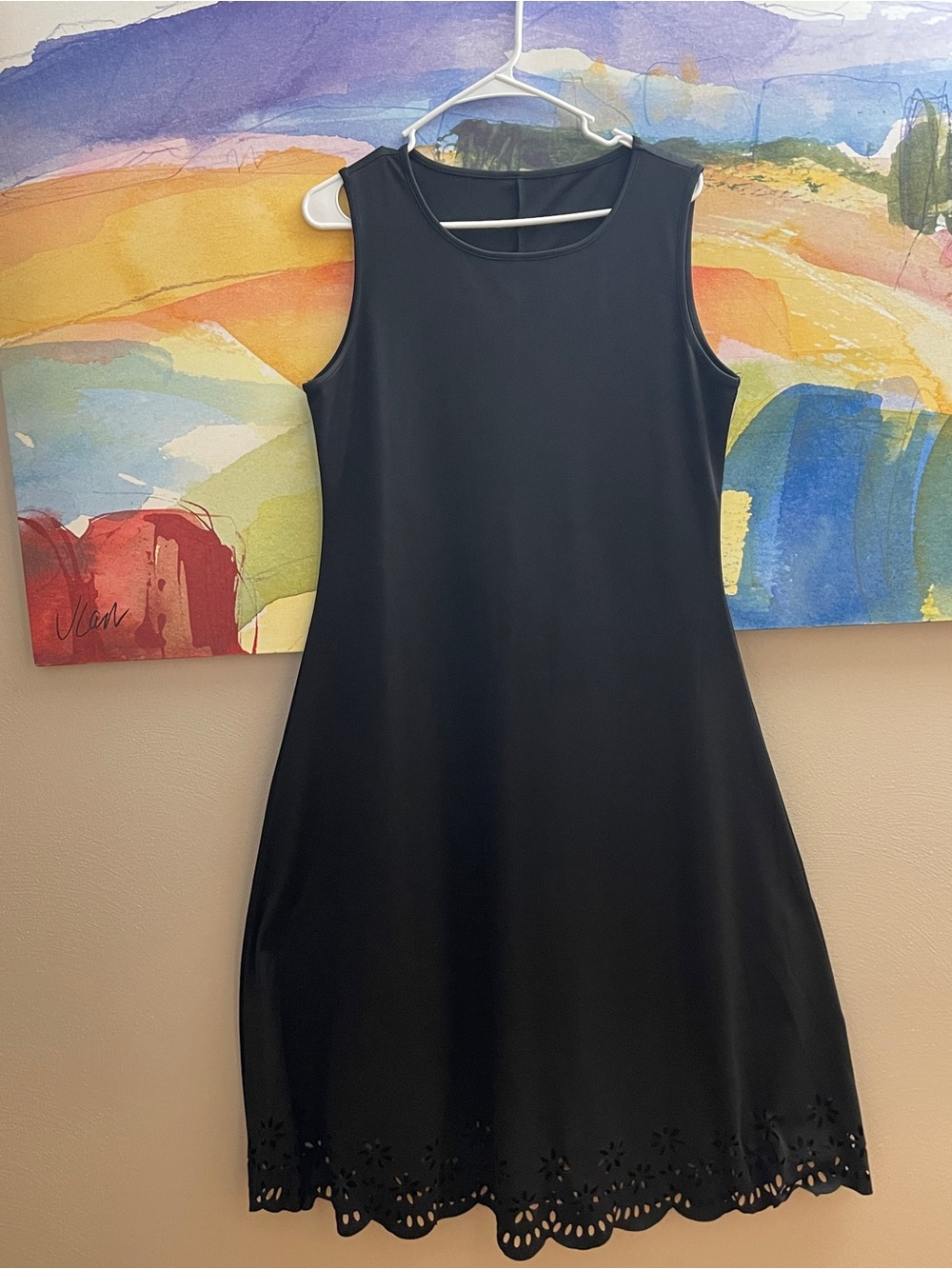 Sleeveless Black and Blue Midi Dress with Scalloped Laser-Cut Hem